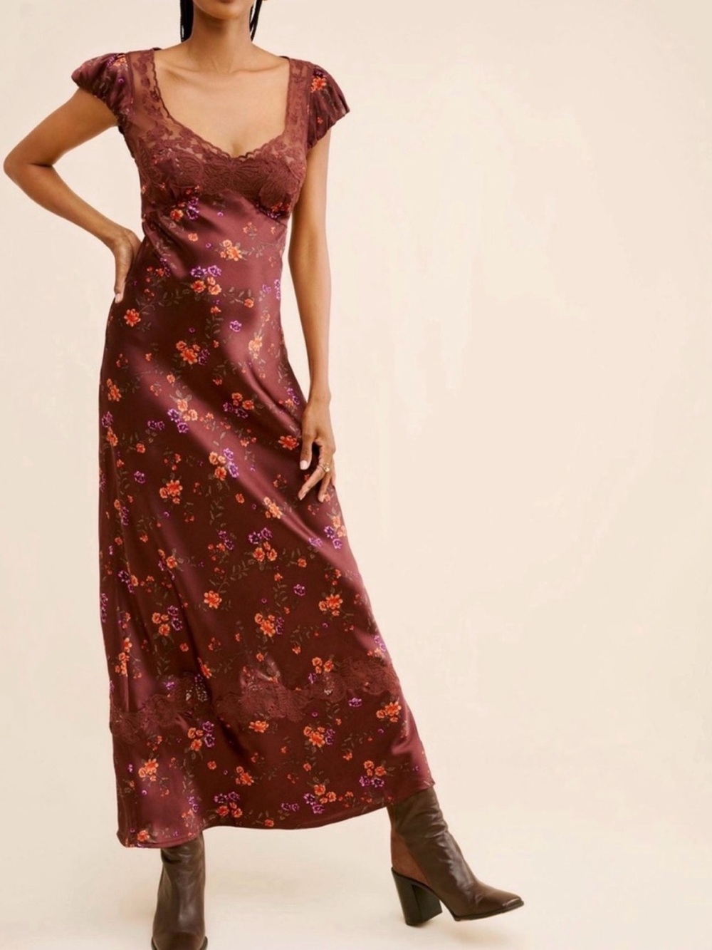 Free People Butterfly Babe Floral Lacs Satin Maxi Dress Brown